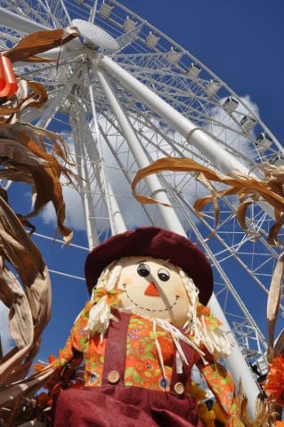 A scarecrow smiling in front of the wheel at the Island in Pigeon Forge