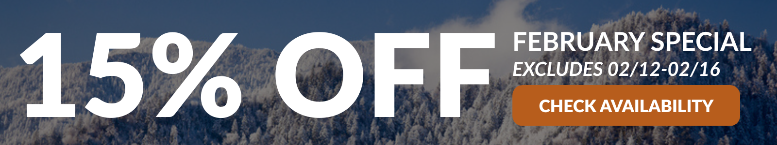 Get 15% off your Smoky Mountain getaway! Applies to stays February 1st-28th with a 3-night minimum. Excludes February 12th-16th.